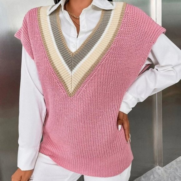 Colorblock Striped Trim V-neck Sweater Vest Pink - Picture 3 of 6